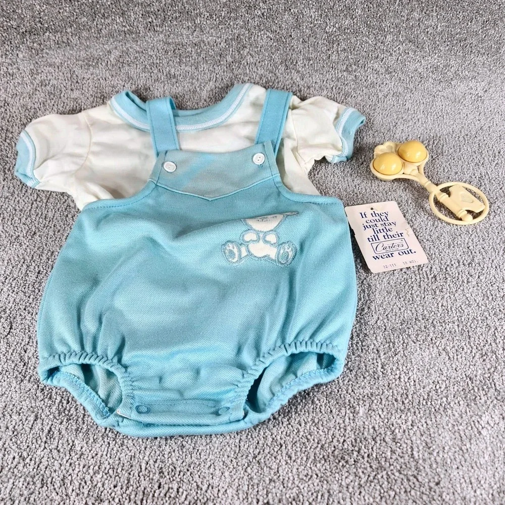 Carter's Romper Set‎ Blue Teddy Bear Vintage 2pc Outfit with Rattle Baby 18 Mos